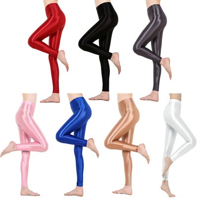 US Women's Shiny Oil Glossy Footed Leggings Stretch Sports Dance Lingerie Pants